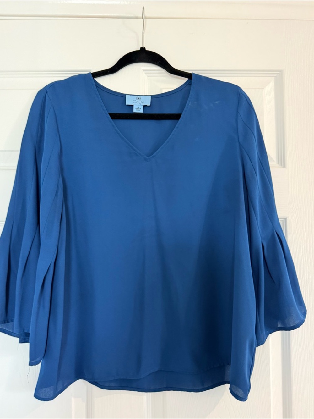 CeCe Royal Blue V-Neck Chiffon Blouse with Split Bell Sleeves